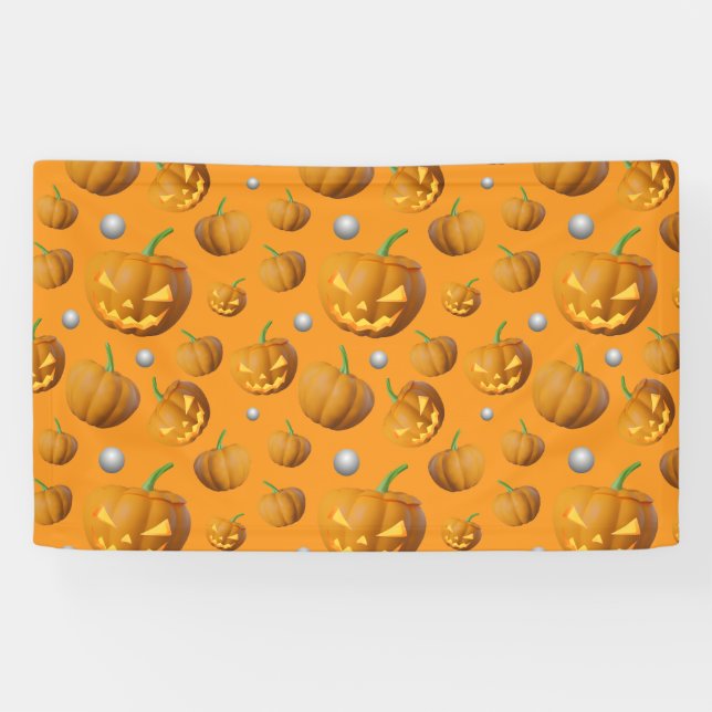 Spooky 3D Jack O'Lantern & Pumpkin Pattern Banner (Horizontal)