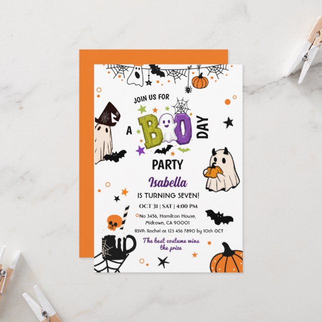 Spooky 7th Halloween Birthday Ghost Whimsical  Invitation (Front/Back In Situ)