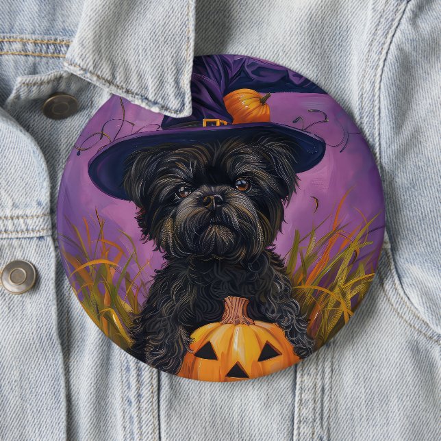 Spooky Affenpinscher Halloween Witch and Pumpkin 6 Cm Round Badge (In Situ)