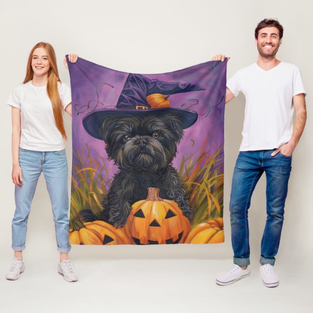 Spooky Affenpinscher Halloween Witch and Pumpkin Fleece Blanket (In Situ)