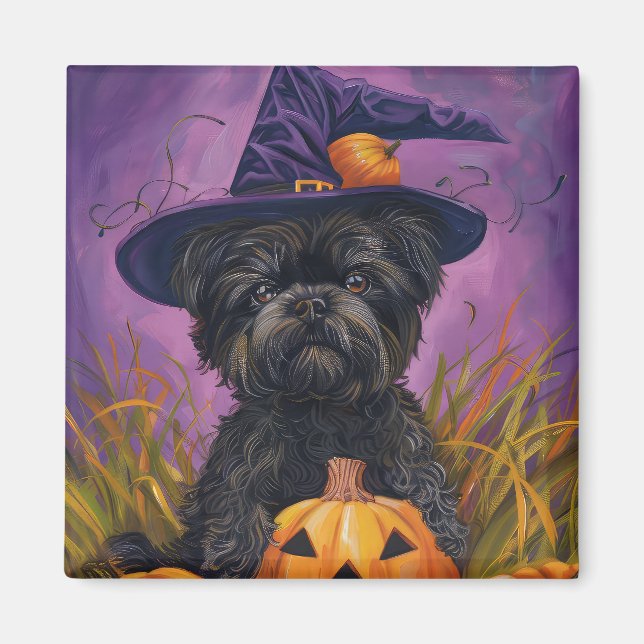 Spooky Affenpinscher Halloween Witch and Pumpkin Magnet (Front)
