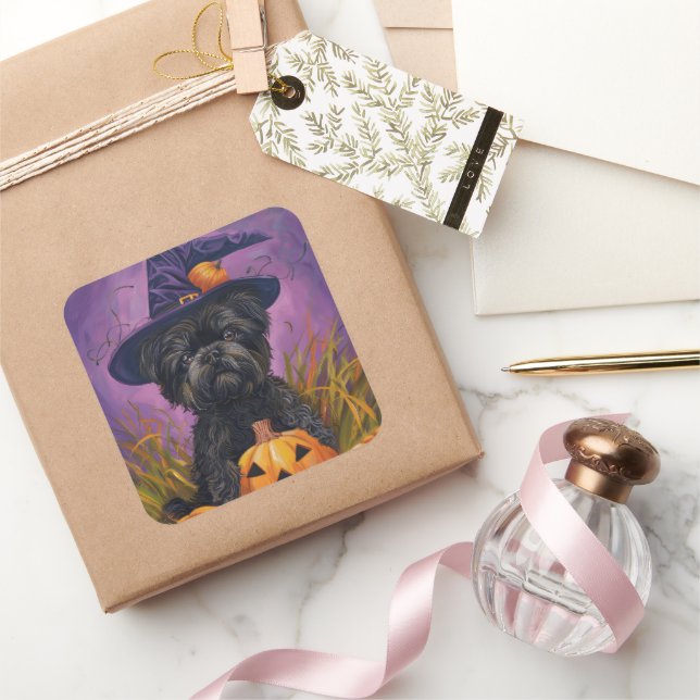 Spooky Affenpinscher Halloween Witch and Pumpkin Square Sticker (Gifting)