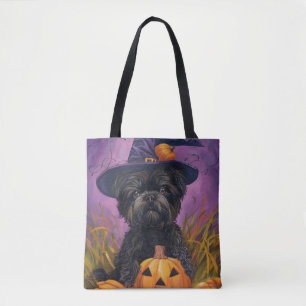 Spooky Affenpinscher Halloween Witch and Pumpkin Tote Bag