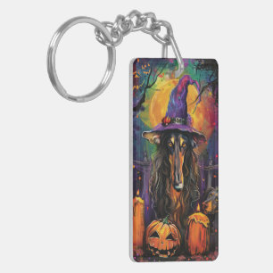 Spooky Afghan Hound Halloween Witch and Pumpkin Key Ring