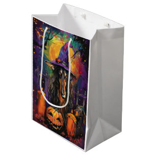 Spooky Afghan Hound Halloween Witch and Pumpkin Medium Gift Bag