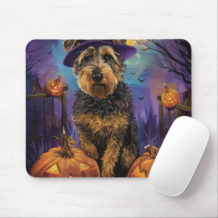 Spooky Airedale Halloween Witch and Pumpkin Mouse Pad