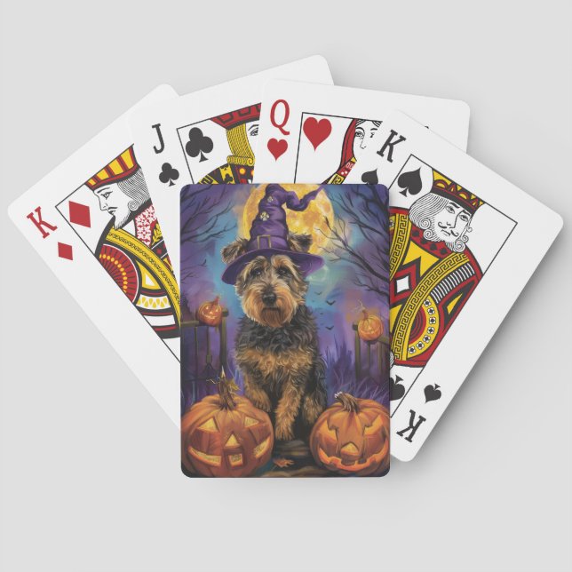 Spooky Airedale Halloween Witch and Pumpkin Playing Cards (Back)