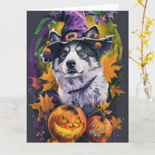 Spooky Akita Halloween Witch and Pumpkin Card