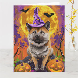 Spooky Akita Halloween Witch and Pumpkin Card