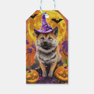 Spooky Akita Halloween Witch and Pumpkin Gift Tags