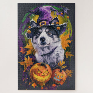 Spooky Akita Halloween Witch and Pumpkin  Jigsaw Puzzle
