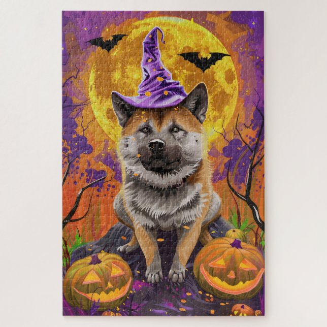  Spooky Akita Halloween Witch and Pumpkin  Jigsaw Puzzle (Vertical)