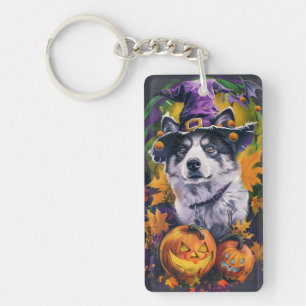 Spooky Akita Halloween Witch and Pumpkin Key Ring