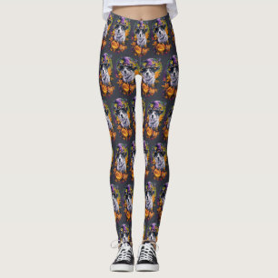 Spooky Akita Halloween Witch and Pumpkin Leggings