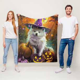 Spooky American Eskimo Halloween Witch and Pumpkin Fleece Blanket