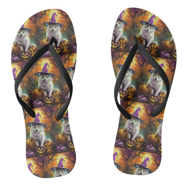 Spooky American Eskimo Halloween Witch and Pumpkin Jandals (Footbed)