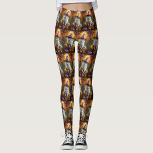 Spooky American Eskimo Halloween Witch and Pumpkin Leggings