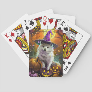 Spooky American Eskimo Halloween Witch and Pumpkin Playing Cards