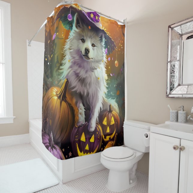 Spooky American Eskimo Halloween Witch and Pumpkin Shower Curtain (In Situ)