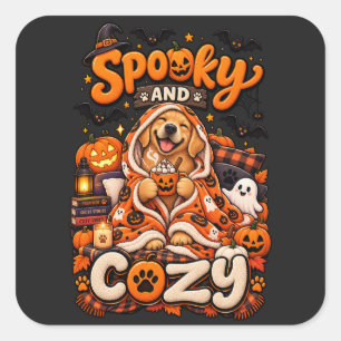 Spooky And Cosy Golden Retriever Fall Halloween Pu Square Sticker