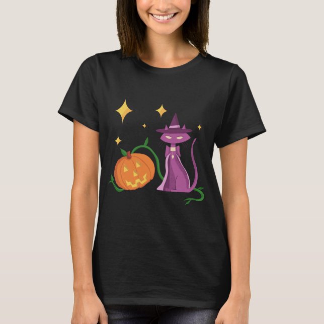 Spooky and Cute Halloween Witch Cat and Pumpkin T-Shirt (Front)
