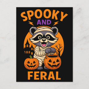Spooky and feral cute racoon mummy pumpkins hallo holiday postcard