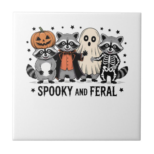 Spooky and Feral Funny Halloween Raccoon Tile (Front)