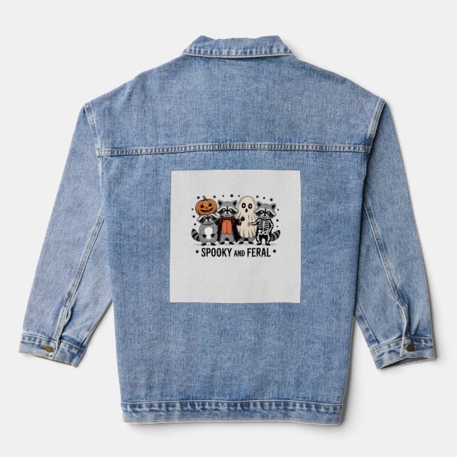 Spooky and Feral Funny Halloween Racoon Denim Jacket (Back)