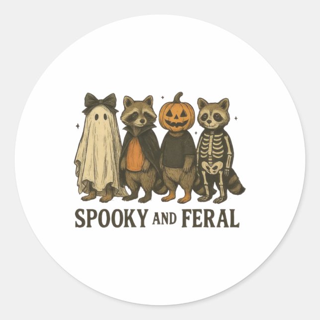 Spooky And Feral Racoon Funny Halloween  Classic Round Sticker (Front)
