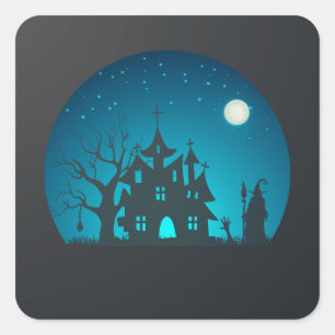Spooky and Fun Blue and Black Haunted House Square Sticker