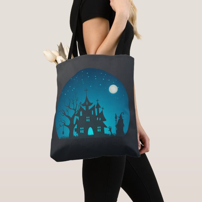 Spooky and Fun Blue and Black Haunted House Tote Bag (Close Up)