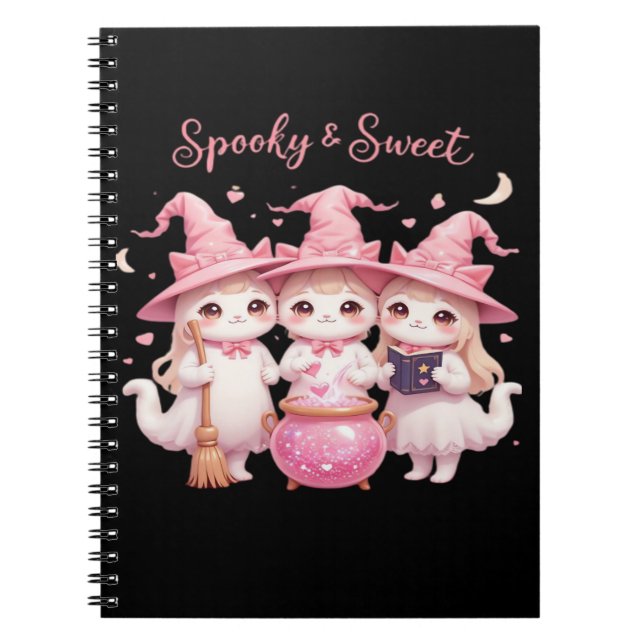 Spooky and Sweet Cute Witch Cat Oversized T-Shirt Notebook (Front)
