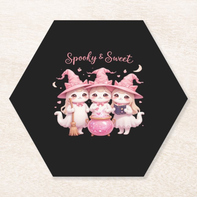 Spooky and Sweet Cute Witch Cat Oversized T-Shirt Paper Coaster (Front)