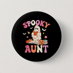 Spooky Aunt Retro Groovy Floral Ghost Halloween Co 6 Cm Round Badge