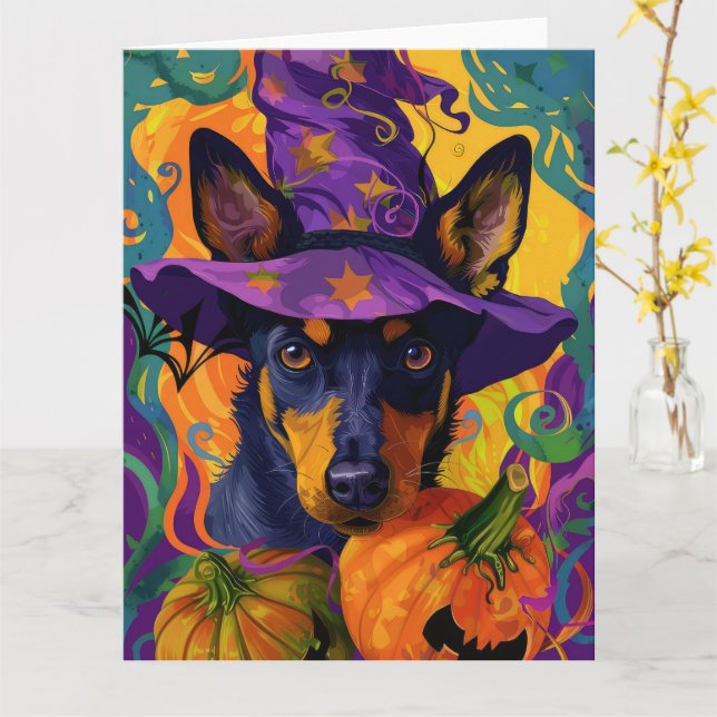 Spooky Australian Kelpie Halloween Pumpkin Card (Yellow Flower)