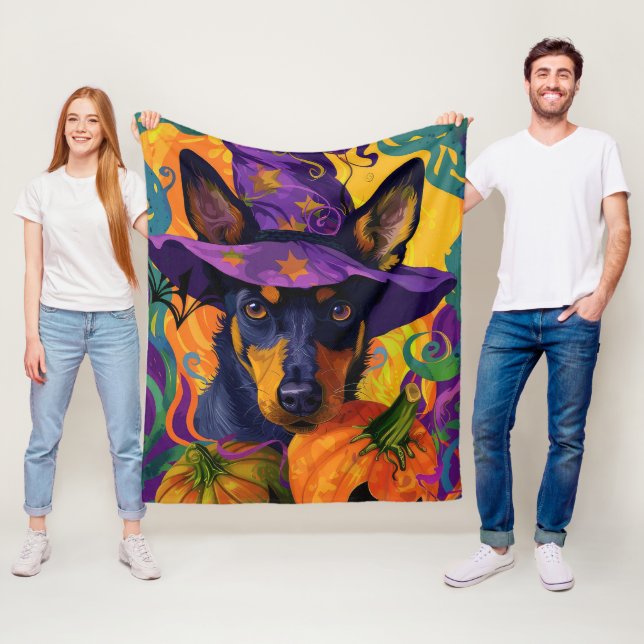 Spooky Australian Kelpie Halloween Pumpkin Fleece Blanket (In Situ)