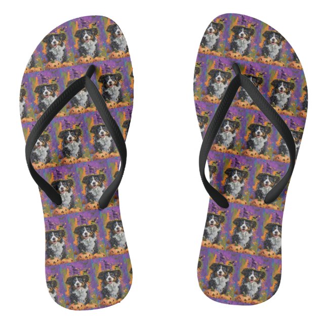 Spooky Australian Shepherd Halloween Witch Pumpkin Jandals (Footbed)