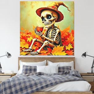 Spooky Autumn Skeleton's Coffee Break Design Canvas Print