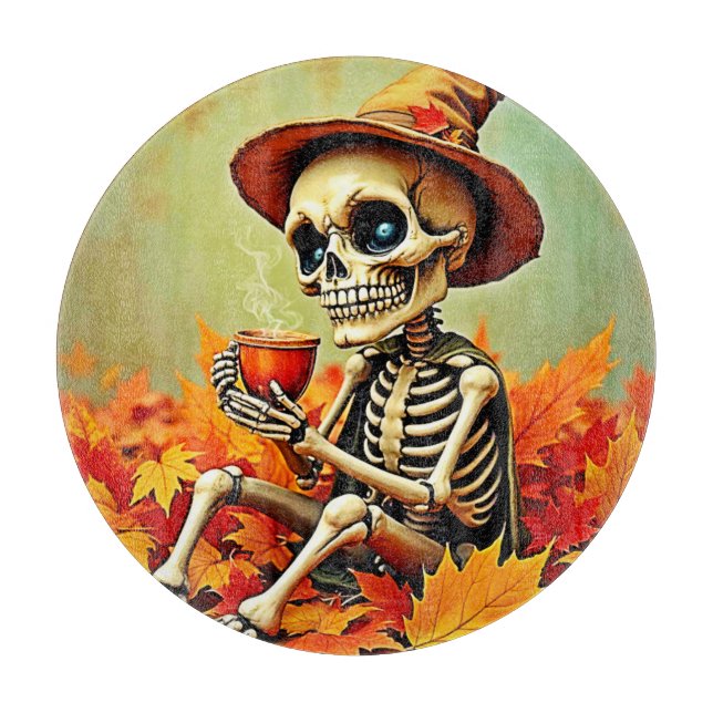 Spooky Autumn Skeleton's Coffee Break Design Cutting Board (Front)