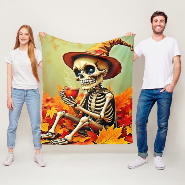 Spooky Autumn Skeleton's Coffee Break Design Fleece Blanket (In Situ)