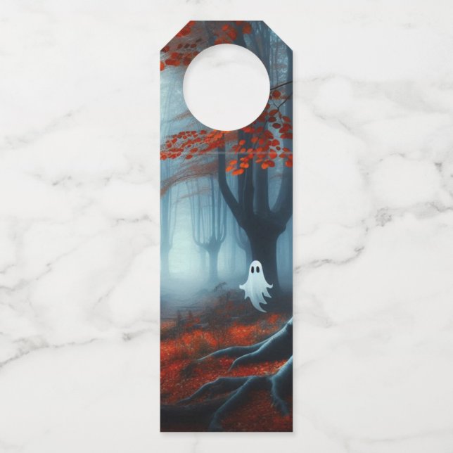 Spooky Autumn woods with a ghost Bottle Tag (Front)