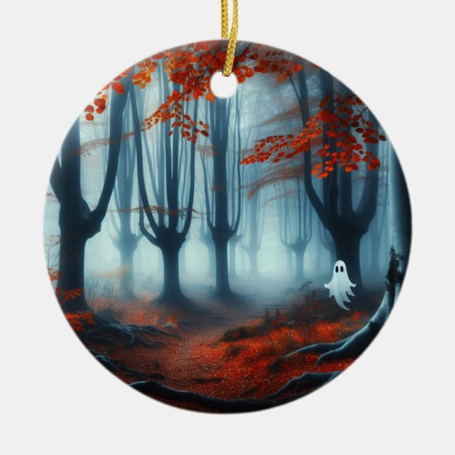Spooky Autumn woods with a ghost Ceramic Tree Decoration (Front)