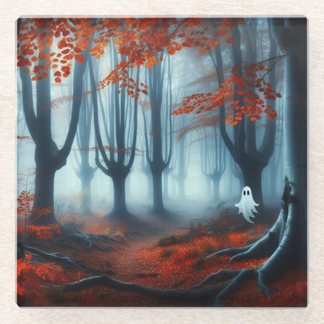 Spooky Autumn woods with a ghost Glass Coaster (Front)