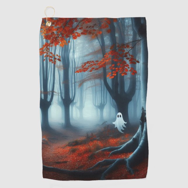 Spooky Autumn woods with a ghost Golf Towel (Front)