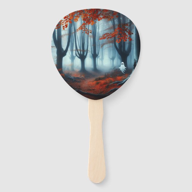 Spooky Autumn woods with a ghost Hand Fan (Front)