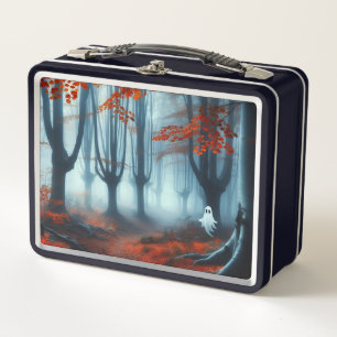 Spooky Autumn woods with a ghost Metal Lunch Box