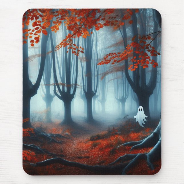 Spooky Autumn woods with a ghost Mouse Pad (Front)