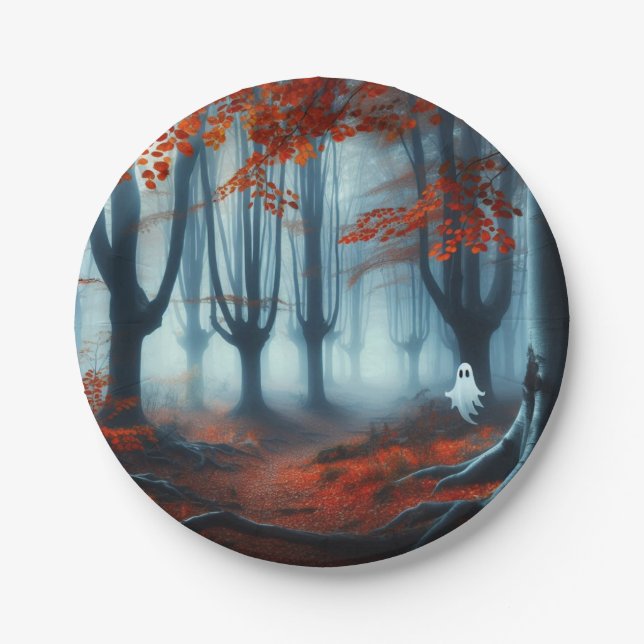 Spooky Autumn woods with a ghost Paper Plate (Front)