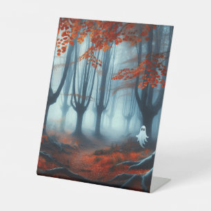 Spooky Autumn woods with a ghost Pedestal Sign