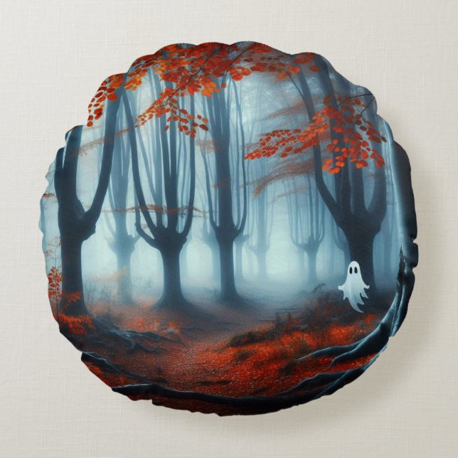 Spooky Autumn woods with a ghost Round Cushion (Front)